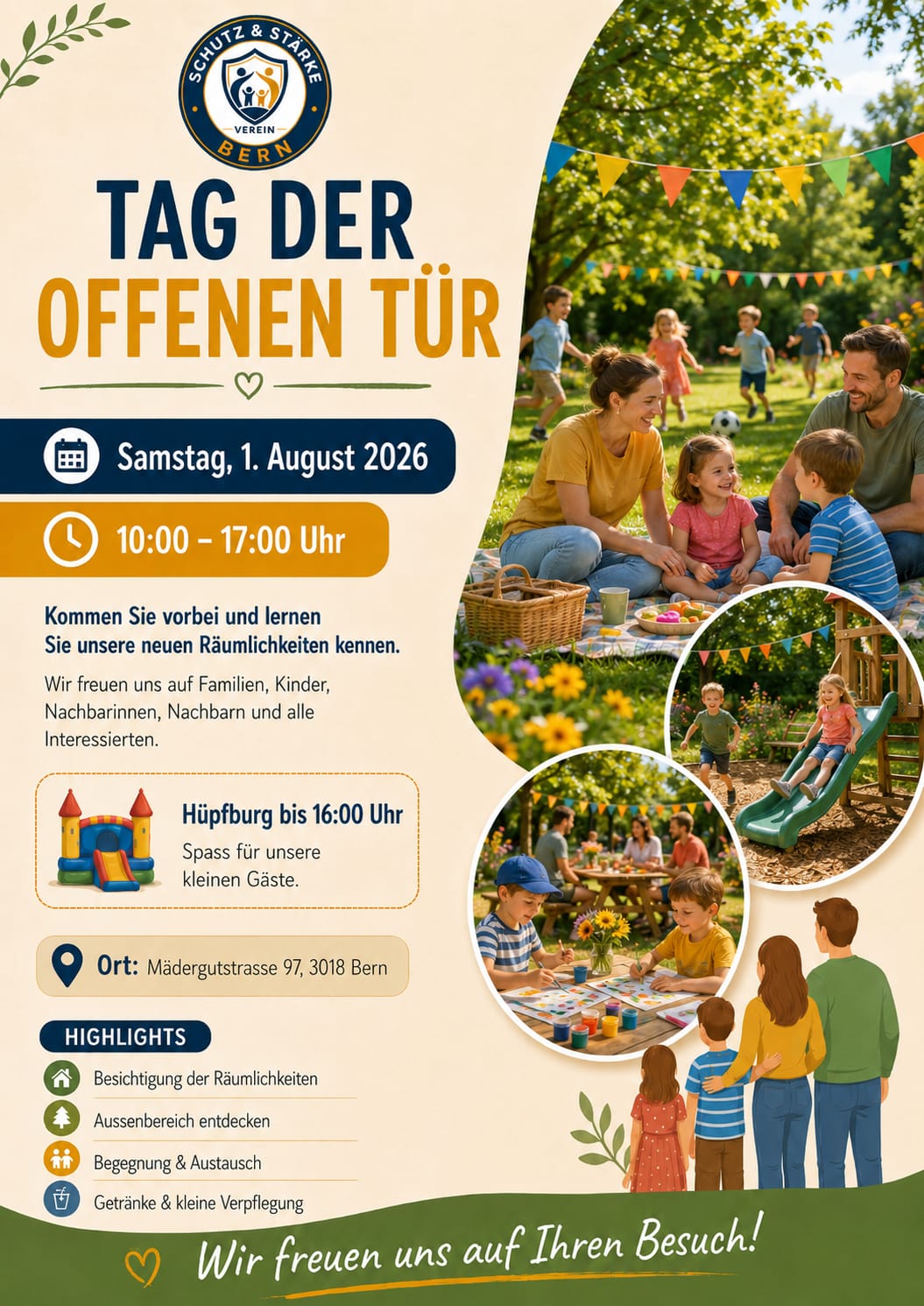 Flyer Tag der offenen Tür – Samstag 1. August 2026, 10:00–17:00 Uhr, Mädergutstrasse 97, 3018 Bern